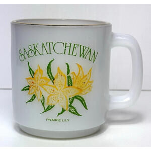 Vtg Glasbake Souvenir Coffee Mug SK Saskatchewan Canada Prairie Lily Milk Glass